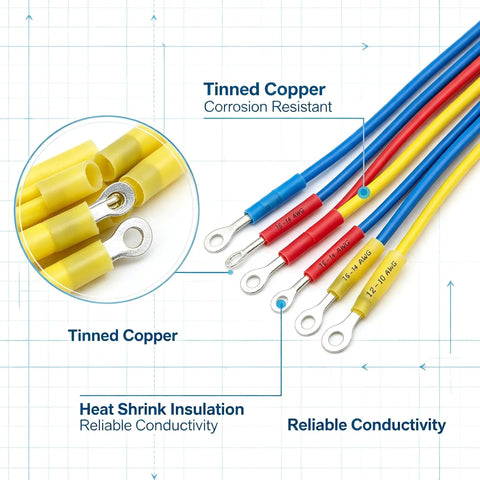 Top Tier 180 Piece Heavy Duty Heat Shrink Wire Connector Kit With Waterproof Marine Grade Ring Fork Spade Butt Terminal Assortment showing tinned copper terminals.
