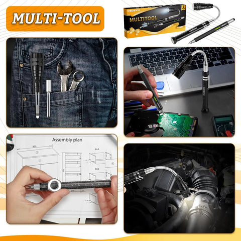 Extendable Magnetic Pickup Tool Set 2 Pack with LED lights shown in various uses including pocket storage and detailed work