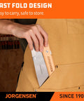 Person storing Kataba Japanese Pull Saw Folding Ten And Three Eighths Inch with Premium SK5 Steel Blade in an apron pocket.
