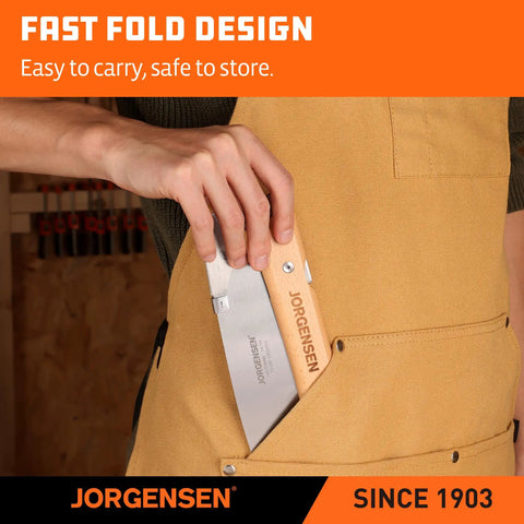 Person storing Kataba Japanese Pull Saw Folding Ten And Three Eighths Inch with Premium SK5 Steel Blade in an apron pocket.