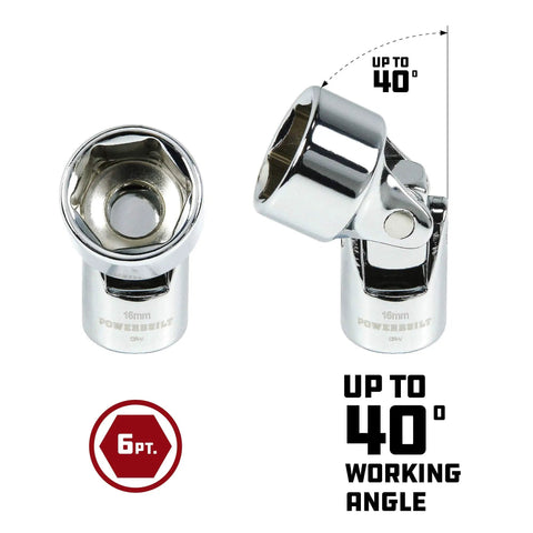 Three Eighths Inch Drive Metric Universal 6 Point Socket Set With 10 To 19 mm Chrome Vanadium Steel Mirror Polish Finish Z Drive Grip Easy Read Markings And Socket Rail For Quick Auto Repairs, showing 16 mm socket with 40° working angle
