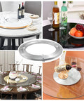 Heavy Duty Eight Inch Lazy Susan Bearing With Smooth As Butter Silent Swivel For Kitchen Cabinets And Turntables, shown on various tables.