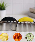 2-piece stainless steel crinkle chopper and french fry cutter with black and yellow handles; kitchen slicer set