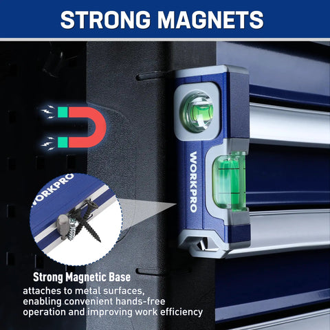 Hustle Ready Mini Magnetic Pocket Level Featuring High Visibility Bubbles And Precision Convex Lens for easy hands-free use on metal surfaces.