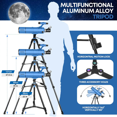 90mm Aperture Portable Telescope For Kids And Adults With 550mm Focal Length High Powered Astronomy Scope shown with tripod and features.