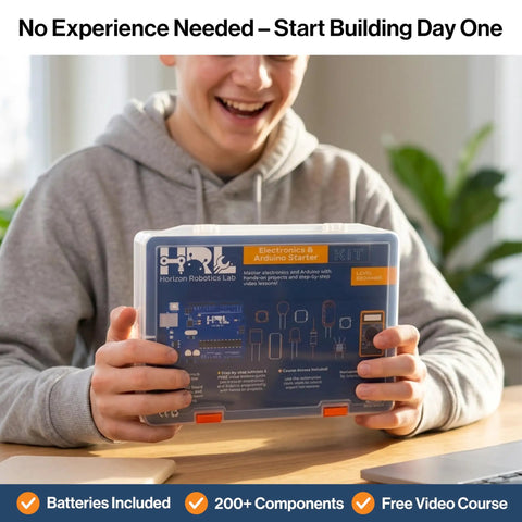 Person holding Electronics Starter Kit With Step By Step Video Lessons For Beginners Arduino Compatible Board Sensors LEDs And Servos