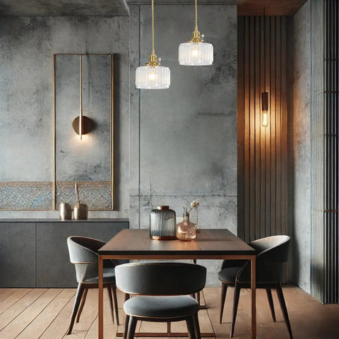 Dining area with Vintage Glass Pendant Light With Brass Socket And On Off Switch, Green Striped Shade For Kitchen Island And Farmhouse Living Room, Transparent Retro Glass Fixture With Warm Ambient Lighting