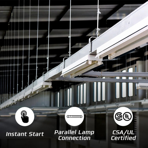 Industrial light fixtures illustrating Ten Pack Replacement For ICN 4P32 SC 3 And 4 Lamp T8 Fluorescent Electronic Ballast, instant start and certified.