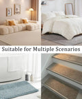 Living room, bedroom, bathroom, and stairs with rugs secured using Ultra Thin Rug Tape Set With 12 Reusable Sheets.