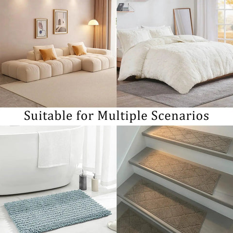 Living room, bedroom, bathroom, and stairs with rugs secured using Ultra Thin Rug Tape Set With 12 Reusable Sheets.