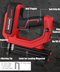 Hella Versatile 2 In 1 Electric Brad Nailer And Staple Gun showing trigger, grip handle, and magazine features.