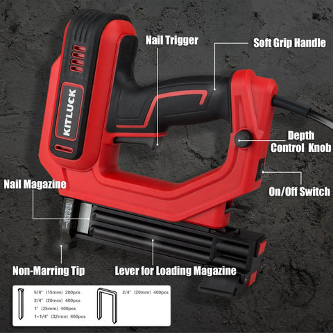 Smooth Shooting 2 In 1 Corded Electric Brad Nailer And Staple Gun With 18 Gauge Fasteners and Narrow Crowns, showing nail trigger, soft grip handle.