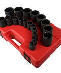 19-Piece 1/2 Inch Drive SAE 12-Point Impact Socket Set With Radius Corner CR-MO Alloy Steel on red storage case