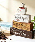 4 Piece Wooden Coffee Bar Decor Set With Rustic Signs for tiered tray featuring coffee-themed phrases and cup design.