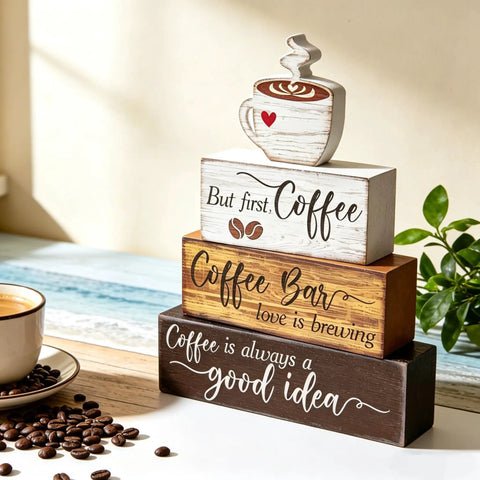 4 Piece Wooden Coffee Bar Decor Set With Rustic Signs for tiered tray featuring coffee-themed phrases and cup design.