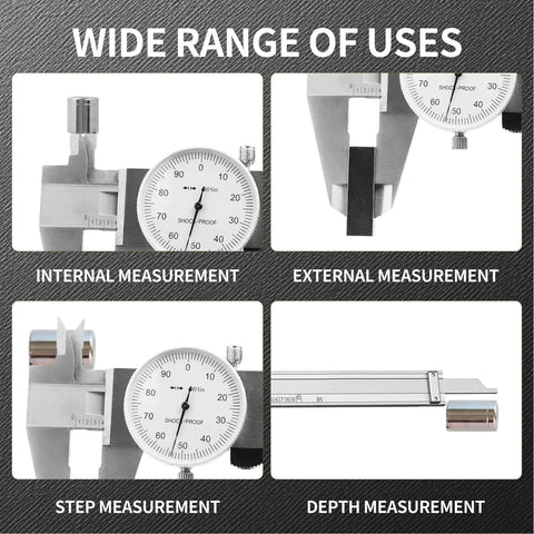 0-6 Inch Dial Caliper Measuring Tool In Imperial Stainless Steel With 4 Way Inside Outside Depth And Step Measurements, 0.001 Inch Precision