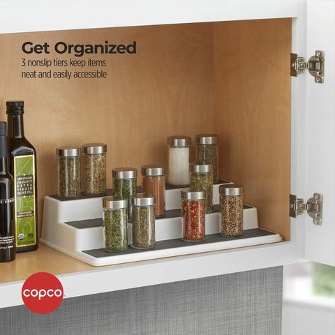 Sleek Three Tier Cabinet Organizer That Straight Up Fixes Pantry Chaos, Non Skid Storage Rack For Spices Seasonings And Canned Goods, White Gray Kitchen Shelf with tiered jars.