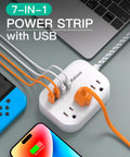 Flat Design Power Strip With USB Ports And 5 Foot Extension Cord Game Changer Travel Kit charging devices beside smartphone and laptop.