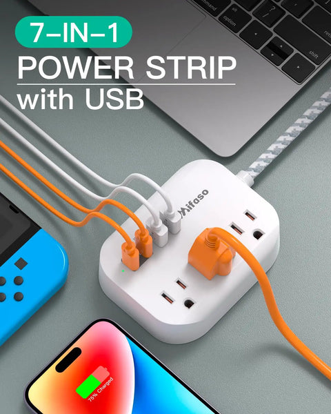 Flat Design Power Strip With USB Ports And 5 Foot Extension Cord Game Changer Travel Kit charging devices beside smartphone and laptop.