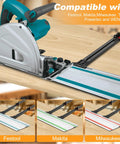 Precision Track Saw Parallel Guide System Featuring Micro Adjustable Flip Stop And Zero Calibration Fence For Exact 0.001 Inch Rip Cuts Smooth As Silk Woodworking Edge Alignment Tool on wood with compatible Festool and Makita rails.