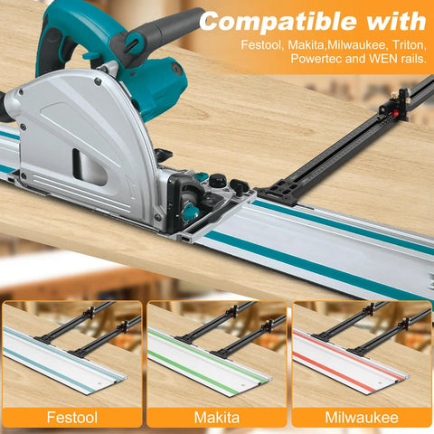 Precision Track Saw Parallel Guide System Featuring Micro Adjustable Flip Stop And Zero Calibration Fence For Exact 0.001 Inch Rip Cuts Smooth As Silk Woodworking Edge Alignment Tool on wood with compatible Festool and Makita rails.