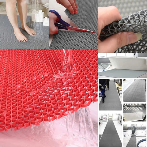 Commercial Drainage Mat Non Slip Floor Mat 3x10 Ft 0.22 Inch Thick for Wet Areas indoor and outdoor use in grey and red.