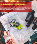 Orienteering Compass For Hiking And Camping, Pro-Grade Scout Tool For Map Reading And Navigation on a map with binoculars