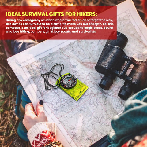 Orienteering Compass For Hiking And Camping, Pro-Grade Scout Tool For Map Reading And Navigation on a map with binoculars