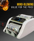 Top Shelf Bill Counter Machine With Lightning Fast Sorting Mixed Denomination Handling LCD Screen Smart Counterfeit Detection displaying cash.