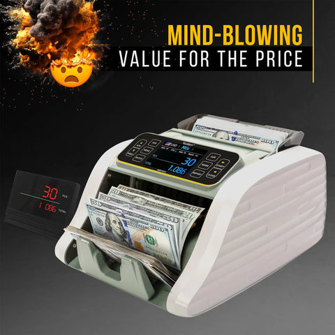 Top Shelf Bill Counter Machine With Lightning Fast Sorting Mixed Denomination Handling LCD Screen Smart Counterfeit Detection displaying cash.
