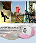 Collage of outdoor activities showcasing a pink womens baseball cap for various occasions