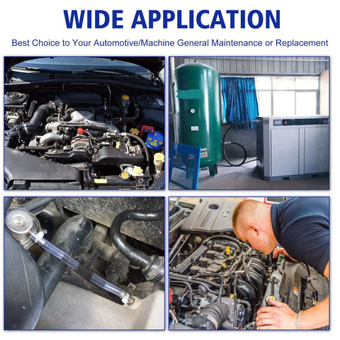 All Size Automotive Silicone Vacuum Hose Kit With 1/8 to 3/8 Inch Tubes Includes 6 Five Foot Hoses And 126 Nylon Vacuum Connectors In 13 Sizes Red Built For Quick DIY Friendly Engine Vacuum Tubing Upgrades displayed in various automotive applications and engine setups.