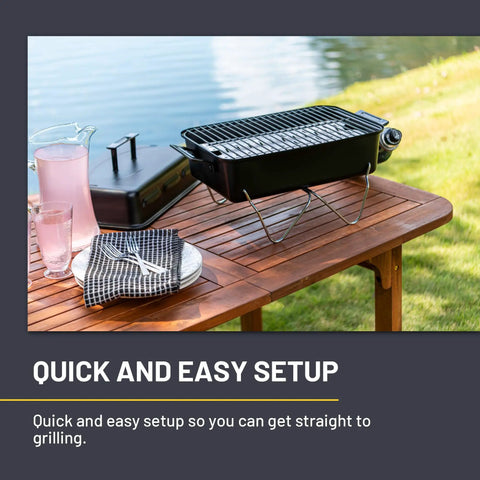 Portable Propane Gas Grill With Convective Heat, One Burner, 190 Square Inches Of Cooking Space on a wooden table by a lake
