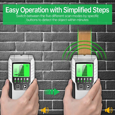 5 In 1 Stud Finder Wall Scanner With LCD Display Auto Calibration Beam Finder showing process of detecting wall studs.