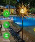 Sun Powered Solar Garden Light Stake With Crackle Glass Metal Finish next to pool in rain, showcasing waterproof feature.