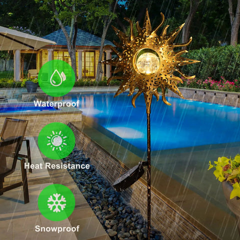 Sun Powered Solar Garden Light Stake With Crackle Glass Metal Finish next to pool in rain, showcasing waterproof feature.