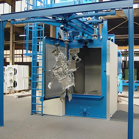Hook Type Shot Blasting Machine for Metal Components and Instrument Frames and Equipment Casings in Fabrication Facilities, Heavy Duty Finishing Equipment with Easy Maintenance, Custom Accessories, and Shop Ready Precision Surface Prep, blue hanging parts