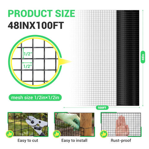 48 Inch By 100 Foot Black Vinyl Coated Hardware Cloth With One Half Inch Mesh, 19 Gauge Welded Wire Fence size details
