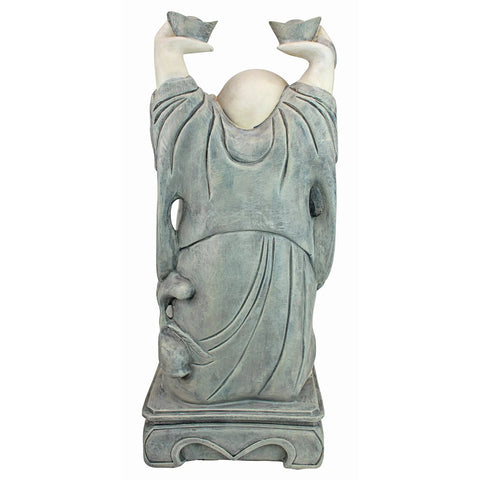 Back view of Jolly Hotei Laughing Buddha Garden Statue For Indoor Outdoor Decor 26 Inches Cast Stone Resin Two Tone Stone Finish Welcoming