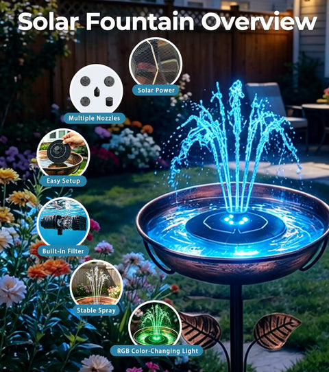 6.3 Inch Solar Fountain With Battery Backup, 9V/2W Pump, 5 Nozzles And LED Lights, Floating Bird Bath Water Feature in garden at night
