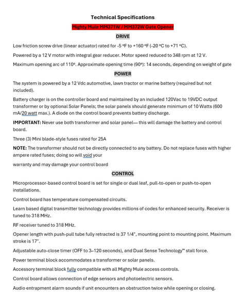Technical specifications document for Game Changing Solar Automatic Gate Opener Designed For Heavy Duty Outdoor Chain Link And Wood Gates Up To Sixteen Feet With Slick Remote Controller Full System Kit.