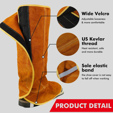 Extra Long Leather Welding Spats Built To Last Tough As Nails With Heat And Abrasion Resistant Boot Covers For Full Shoe And Leg Protection Cowhide Gaiters 1 Pair showing Velcro, Kevlar stitching, and elastic band details.