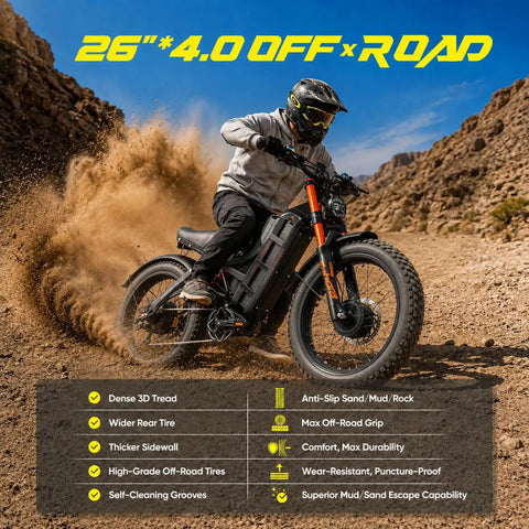 Heavy Hitter Adult Electric Bike With 52 Mph Dual Motors And Super Long Range Fast Fat Tire Mountain Ebike on off-road terrain.