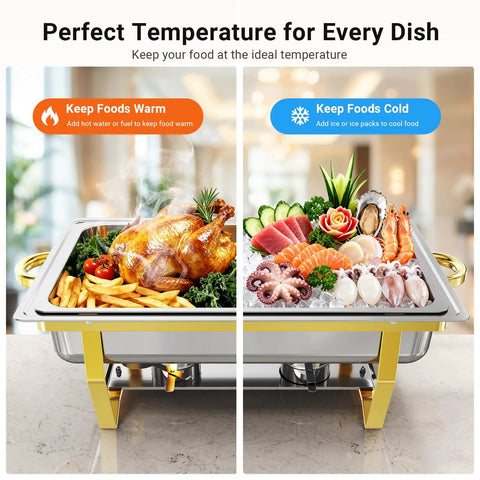 Super Sized Buffet Chafing Dishes Set with food, showcasing hot and cold sections using 4 Full Size Stainless Steel Food Warmers