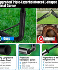Diagram showing upgraded triple-layer reinforced L-shaped metal corner with stainless steel and fiberglass poles, highlighting Backyard Kids Soccer Goals Set Two Pack Portable Pop Up Nets With Ball Cones Pump And Ground Stakes Complete Training Gear Kit For Kids Ages 3 To 14 Outdoor Sports Fun.