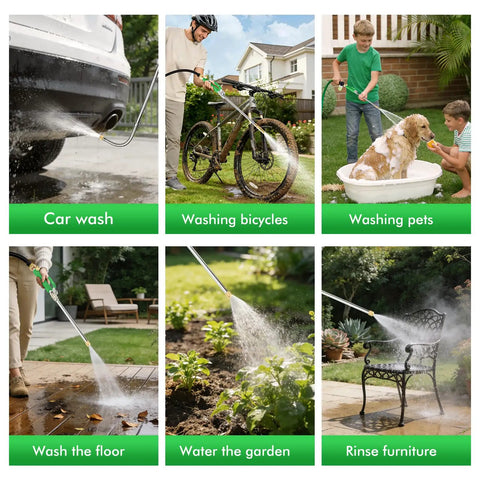 Beast Mode High Pressure Power Washer Wand Kit in use for car wash, bike cleaning, pet washing, and outdoor furniture rinsing.