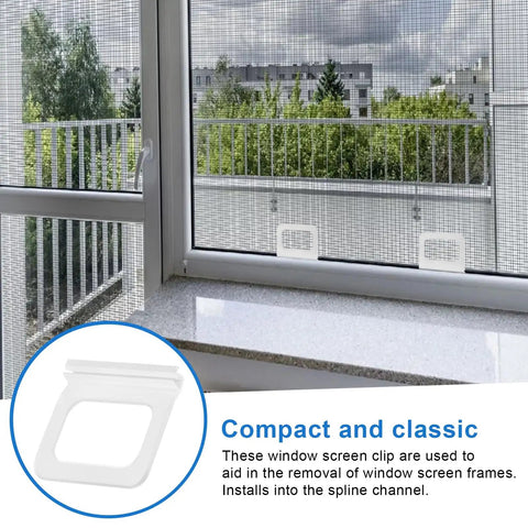Clear Window Screen Pull Tabs 20 Pack Flat Spline Repair Clips For No Sweat Removal And Quick Swap Universal Fit DIY Home Fix With Smooth Channel Grip Sweet And Easy Install shown installed in a window frame.