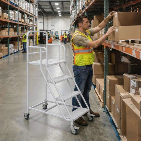 Heavy Duty Four Step Rolling Ladder With Secure Handrails Built Different For Warehouse Spaces Rock Solid Eight Hundred Eighty Pound Capacity Premium Cold Rolled Steel used for accessing high storage.