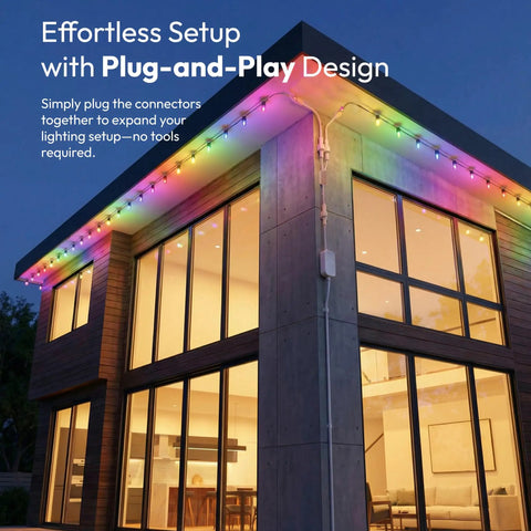 Y Splitter Outdoor Lights Extension Cable 1 Male To 2 Female 3 Pin Splice Kit installed on modern house with colorful lighting