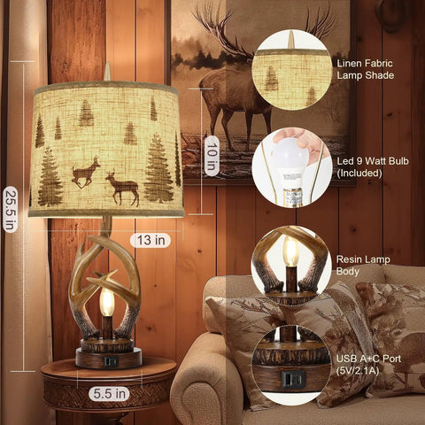Rustic Farmhouse Antler Table Lamp Set Of 2 With Nightlight And Dual USB Ports, Linen Round Shade, cozy decor on wooden table